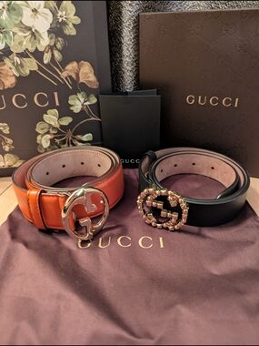 Gucci Double G Buckle Belt Duo - Orange & Black Leather